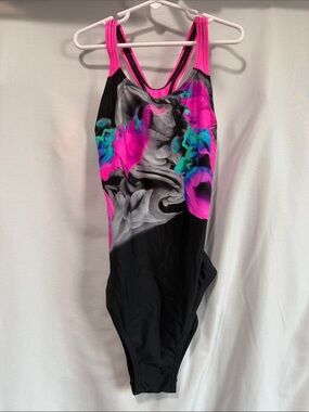 Girls' Black One-Piece Swimsuit with Pink & Teal Smoke Print
